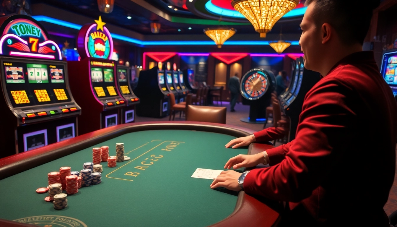 Experience the thrill of cm88 in this vibrant casino scene, featuring an intense poker game among colorful chips and lively slot machines.